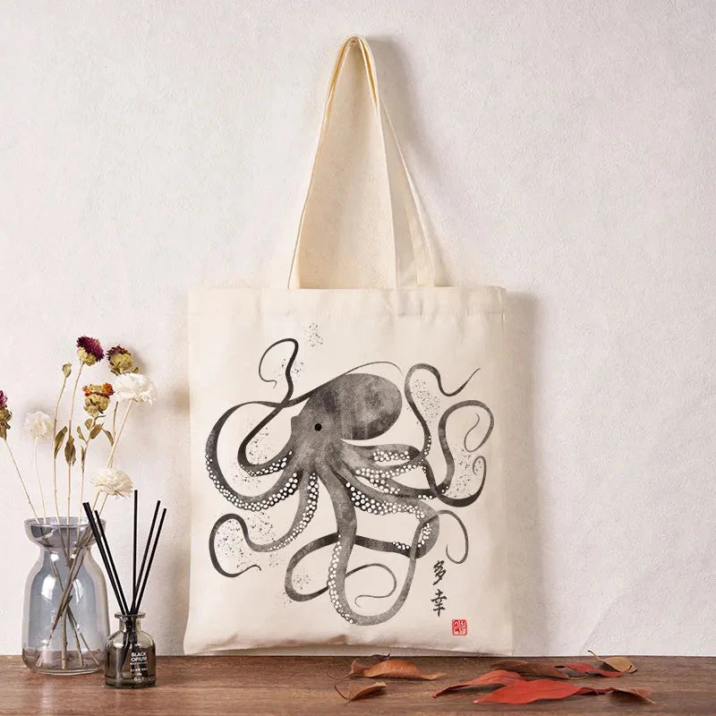 Octopus Japanese Calligraphy Tote Bag