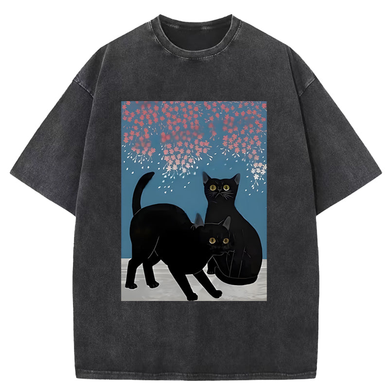 Black Cat Under The Sakura Washed T-Shirt