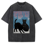 Black Cat Under The Sakura Washed T-Shirt