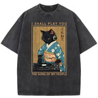 Funny Playing Music Black Cat Washed T-Shirt