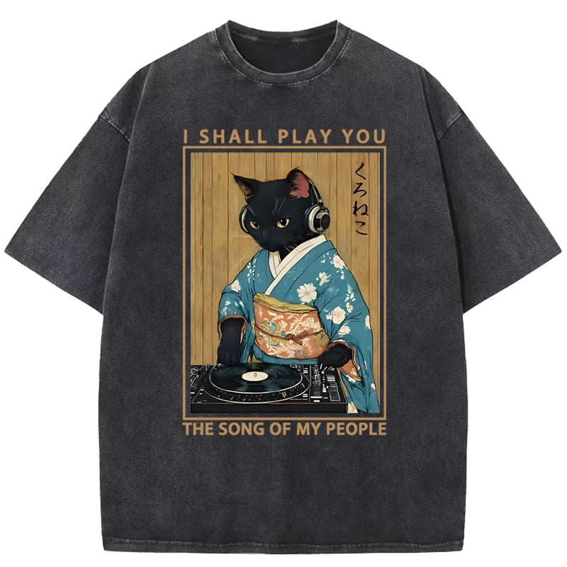 Funny Playing Music Black Cat Washed T-Shirt