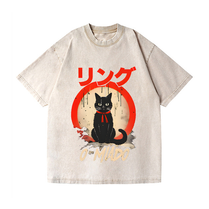 Black Cat Vintage Wash Japanese Design T-Shirt
