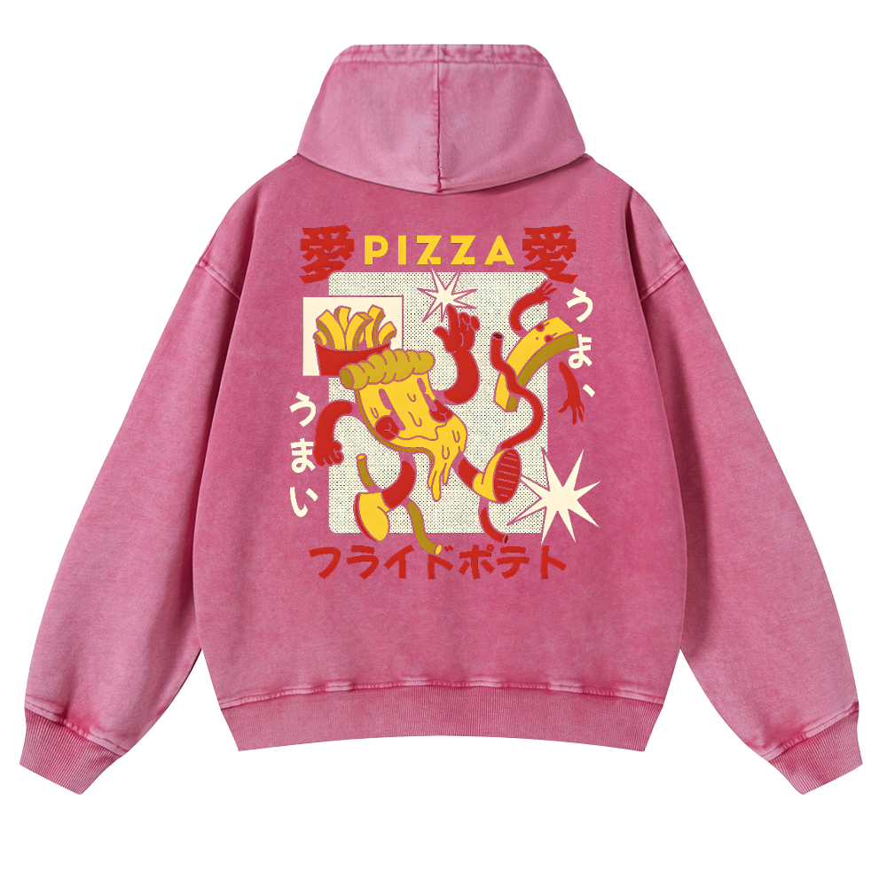 Japanese Pizza and French Fries Vintage Washed Cotton Back Art Hoodie