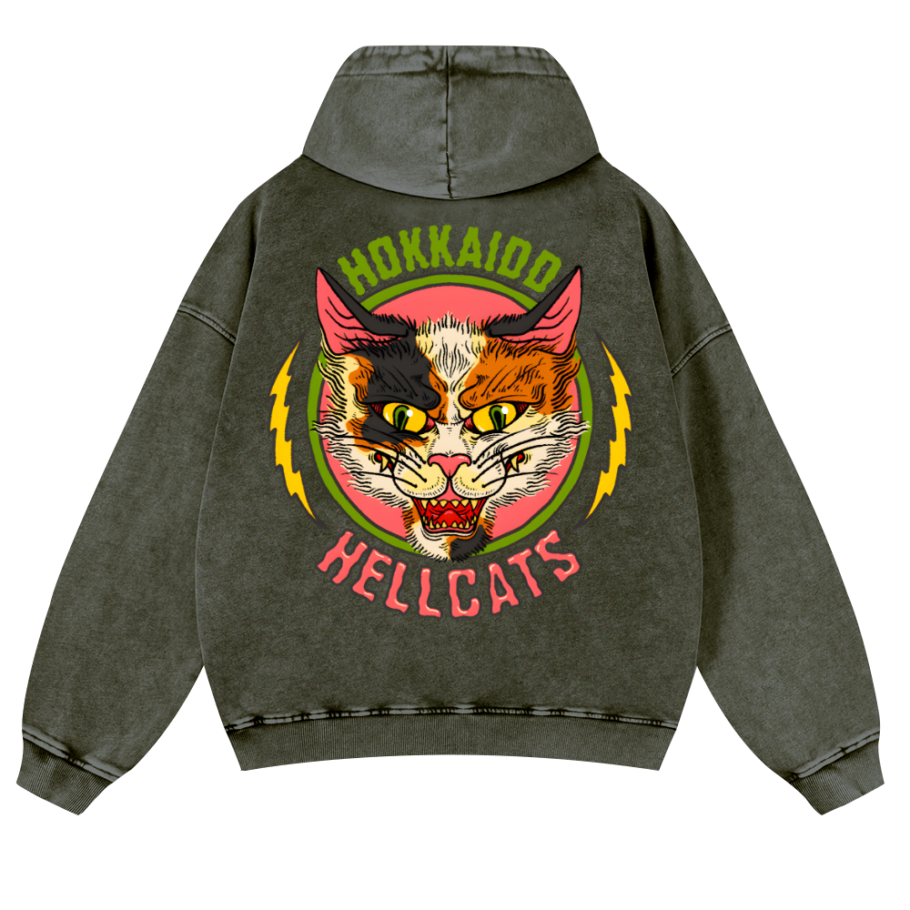 Hokkaido Hellcats Cat Vintage Washed Cotton Back Art Hoodie