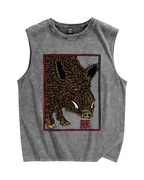 Woodcut Pig Vintage Distressed Washed Tank Top
