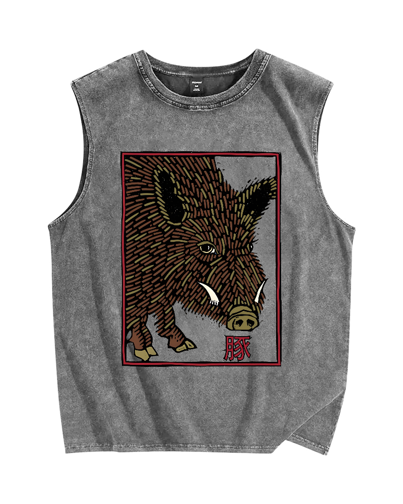 Woodcut Pig Vintage Distressed Washed Tank Top