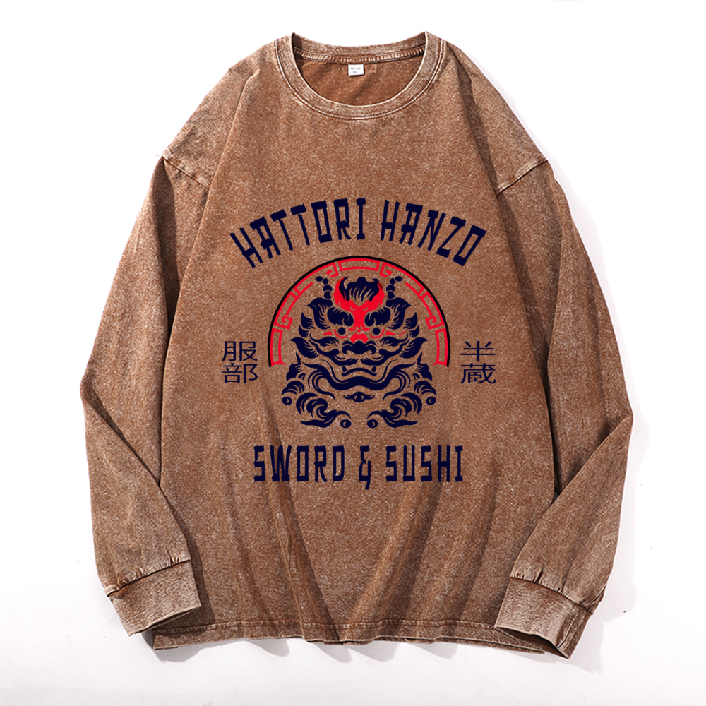 Unisex Hattori Hanzo Komainu Vintage Cotton Wash Crewneck Long-Sleeve T-Shirt