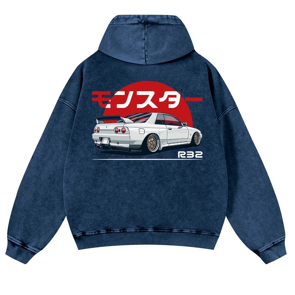 Nisaan Car R32 Vintage Washed Cotton Back Art Hoodie