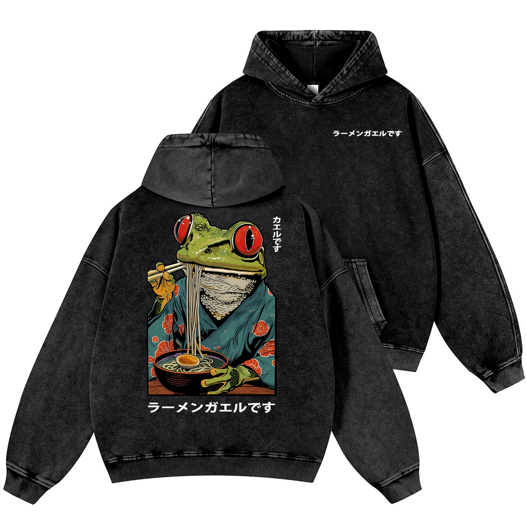 Frog Ramen Vintage Washed Cotton Back Art Hoodie