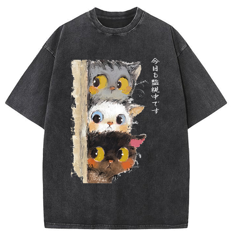 Unisex Three Cats Secretly Monitor Their Owner Washed T-Shirt