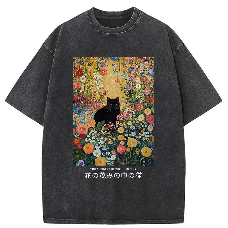 Unisex Black Cat In The Flower Bushes Washed T-Shirt