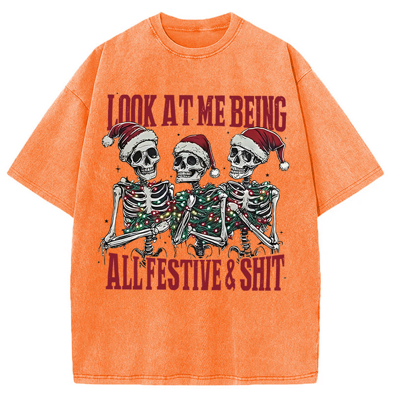 Funny Christmas Skull Washed T-Shirt
