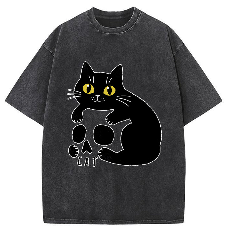 Unisex Cat And Skull Japan Washed T-Shirt
