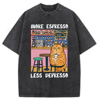 Unisex Orange Cat Drinking Espresso Washed T-Shirt