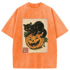 Black Cat And Pumpkin Washed T-Shirt