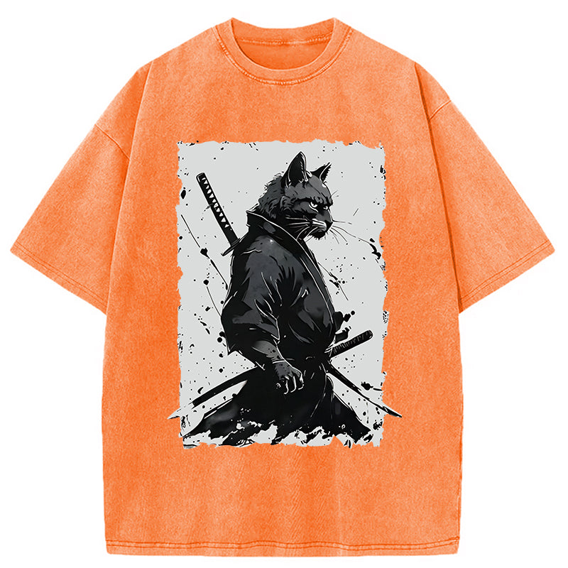 Handsome Samurai Cat Washed T-Shirt
