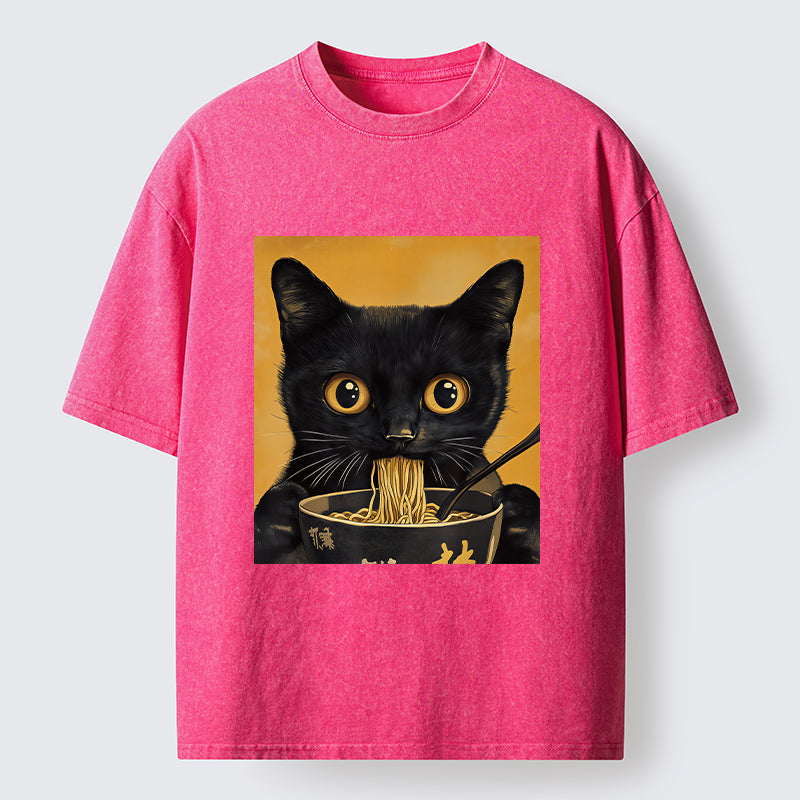 Unisex Cute Black Cat Eating A Big Bowl Of Ramen Washed T-Shirt