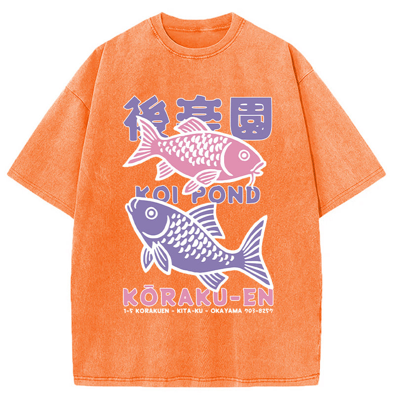 Koi Fish Pond Japanese Washed T-Shirt