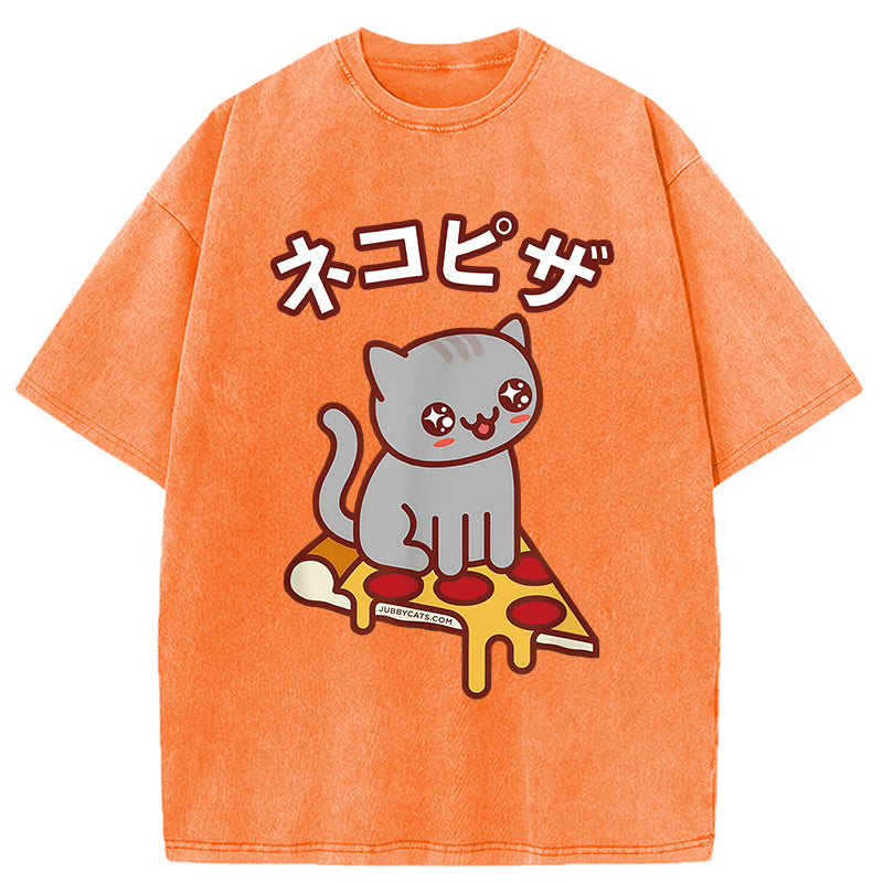 Super Kawaii Japanese Pizza Cat Washed T-Shirt