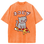 Super Kawaii Japanese Pizza Cat Washed T-Shirt