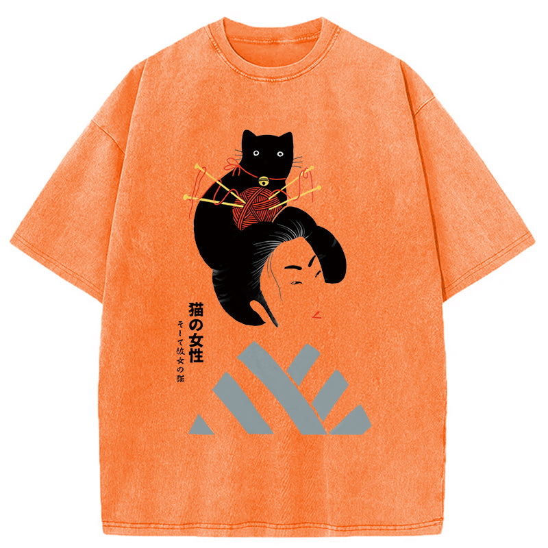 Geisha And Cat Washed T-Shirt