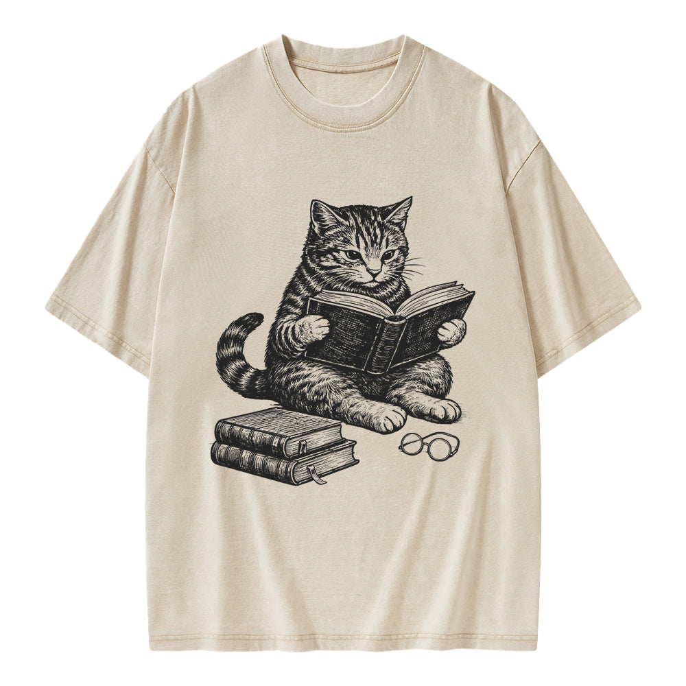 Unisex Cat Reading Book Printed Washed Tee