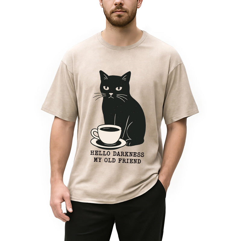 Black Cat Drinking Coffee Washed T-Shirt