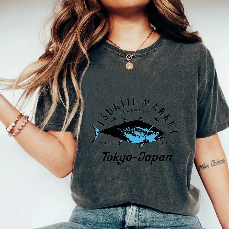 Tsukiji Fish Market Blue Fish Washed T-Shirt