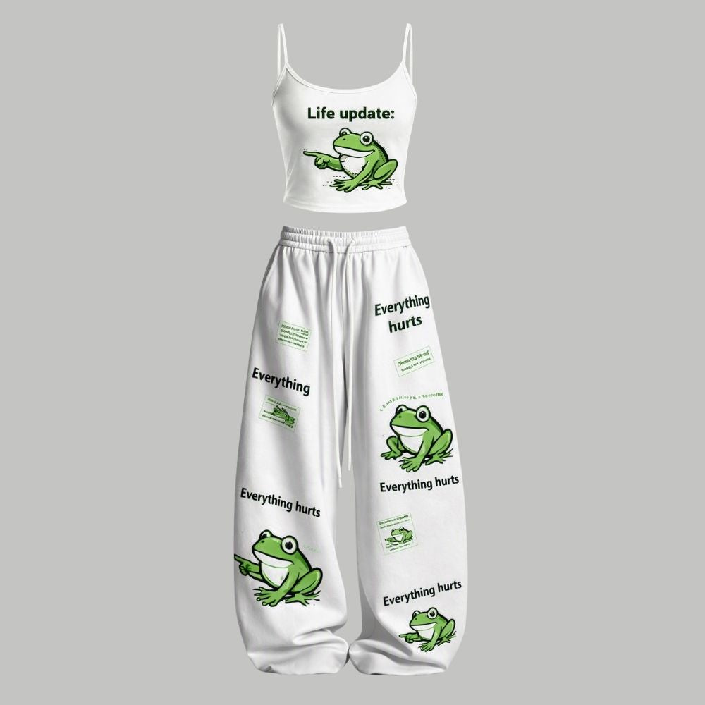 Meme Funny Frog Print Top & Elasticated Trousers Two-Piece Set