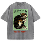 Alone Please Vintage Cat Art Print Washed T-Shirt