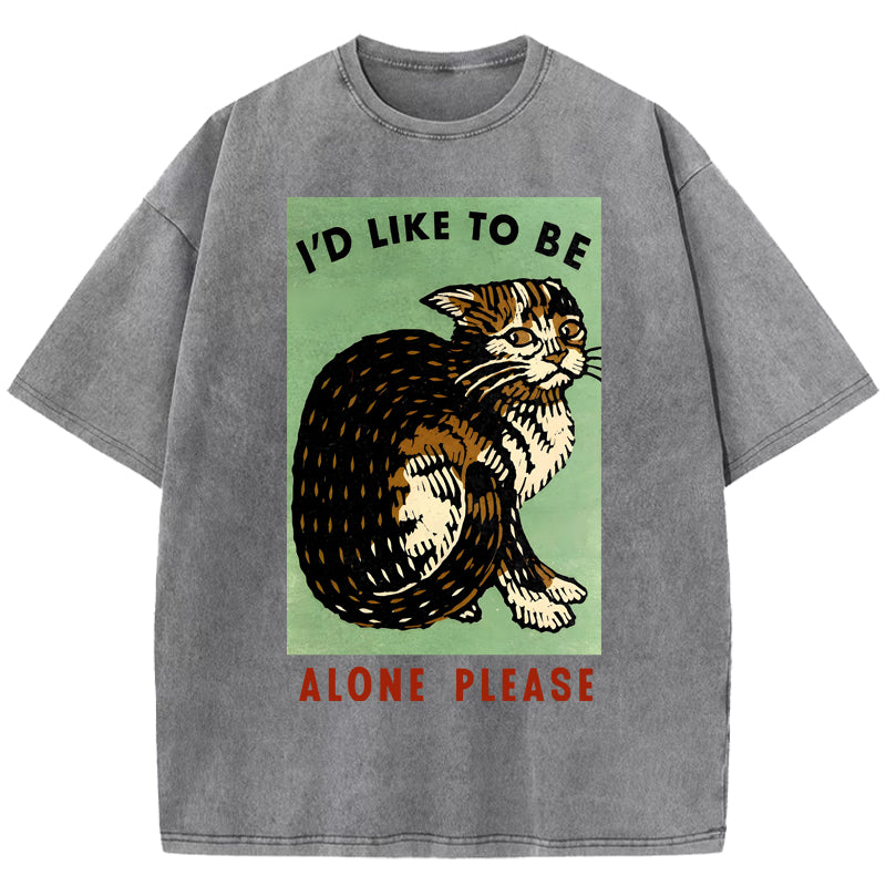 Alone Please Vintage Cat Art Print Washed T-Shirt