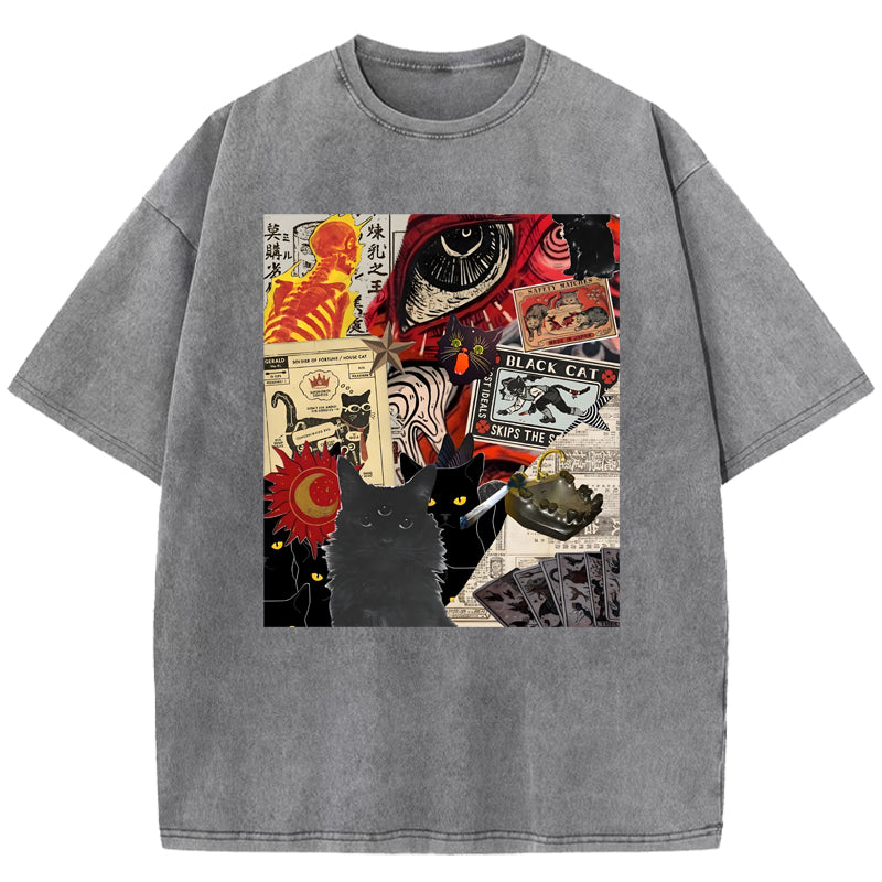 Harajuku cat illustration Washed T-Shirt