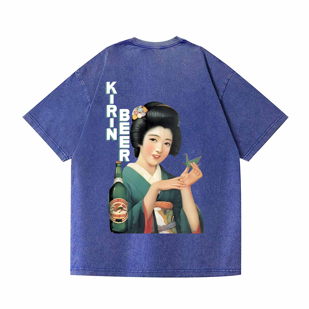 Kirin Beer Vintage Wash Japanese Design Back Art T-Shirt