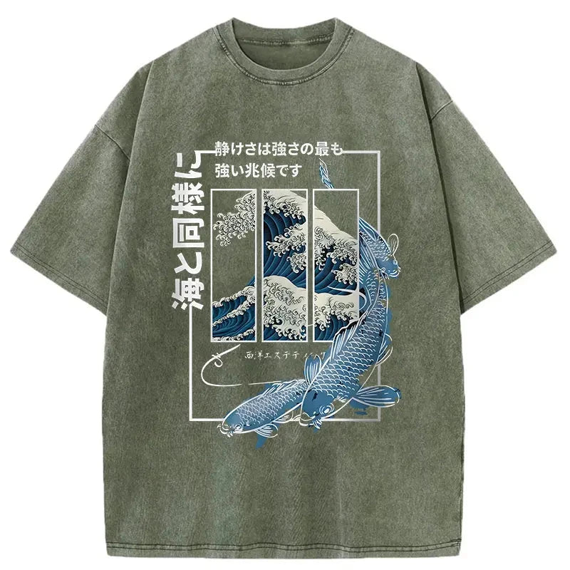 Ukiyoe Waves And Fish Washed Vintage T-Shirt