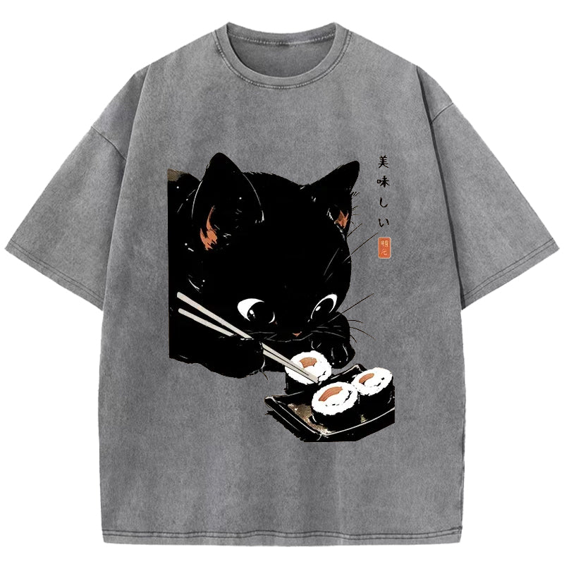 Cat Eating Rice Balls Washed T-Shirt