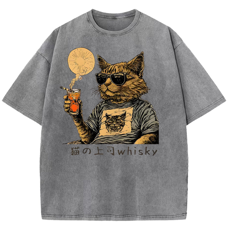 Cat drinking whiskey Washed T-Shirt