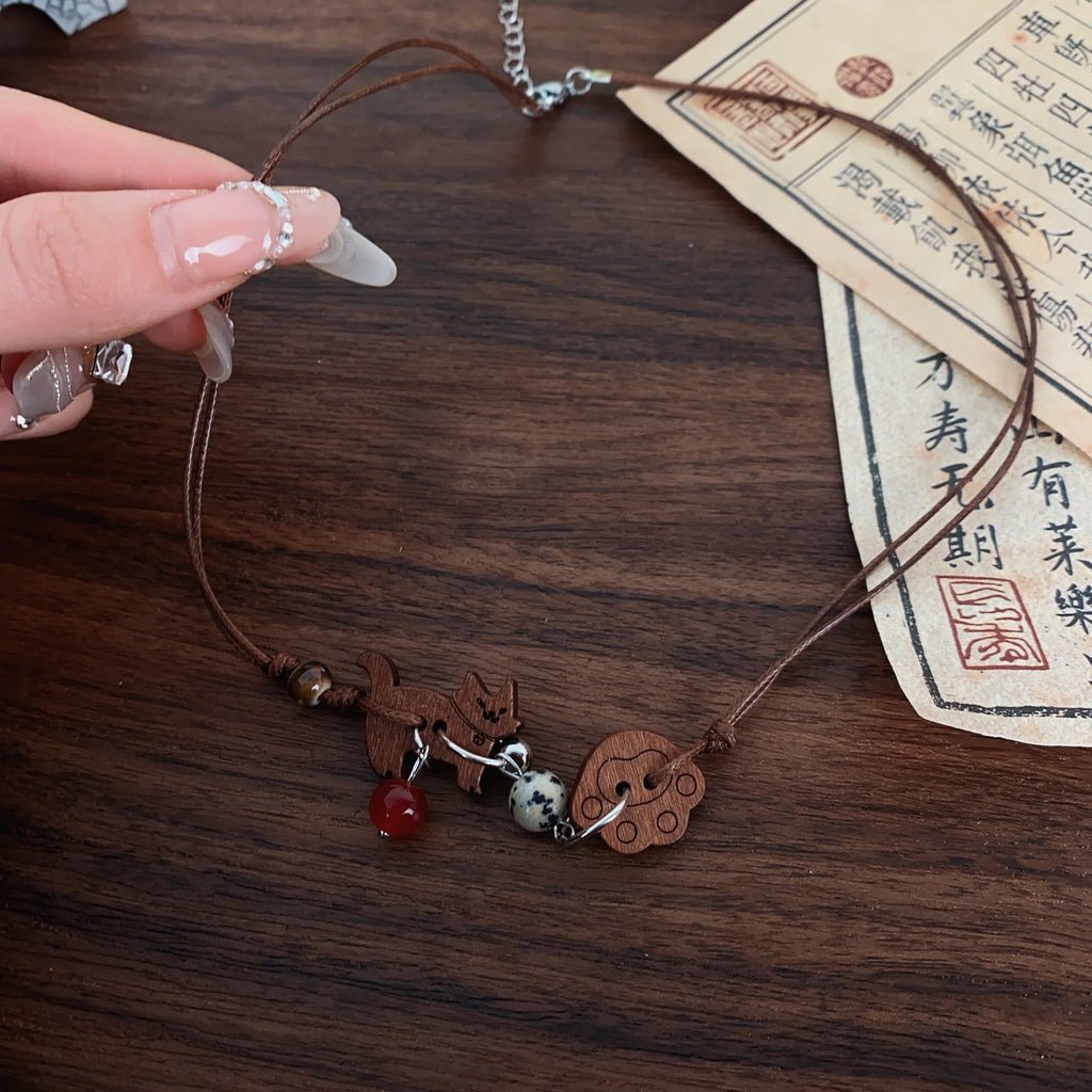 Cute Wooden Kitten Pendant Necklace