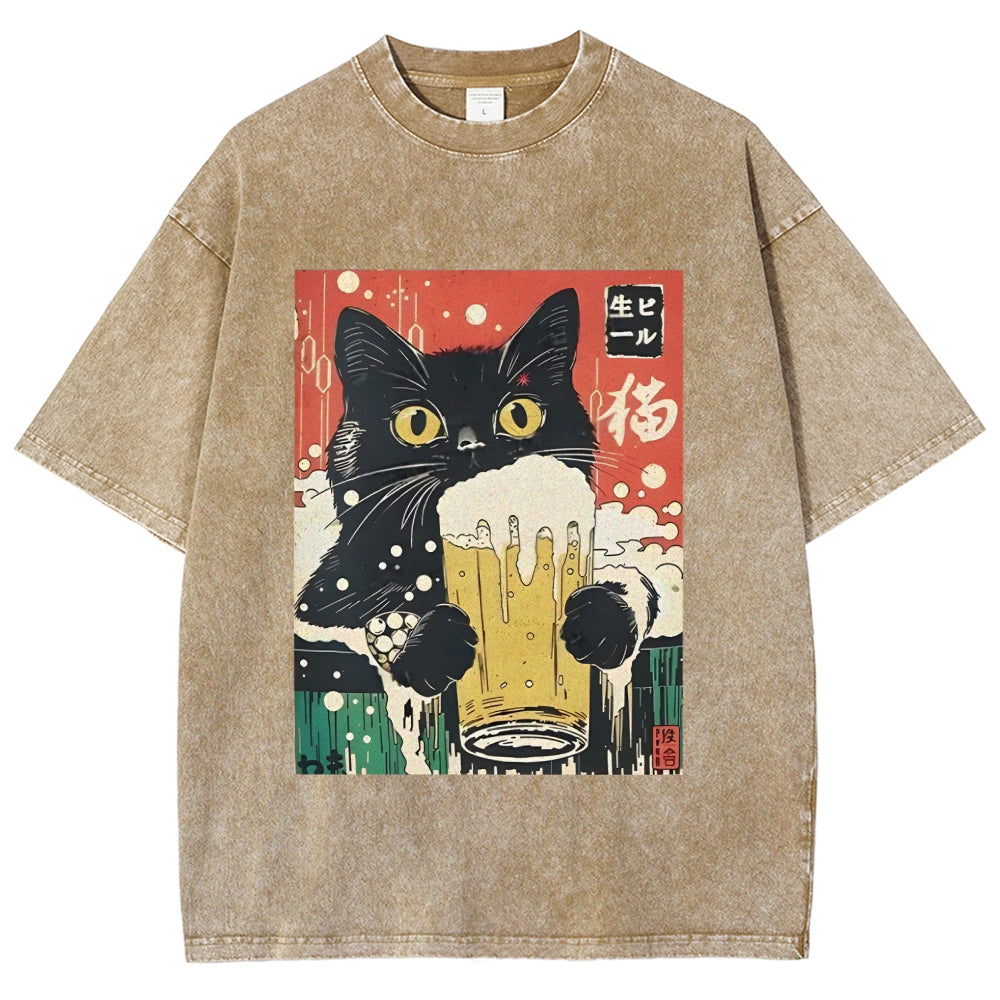 Cat Drinking Beer Funny Washed T-Shirt