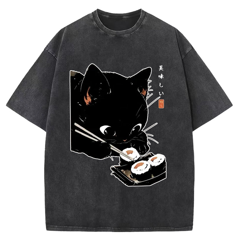 Cat Eating Rice Balls Washed T-Shirt