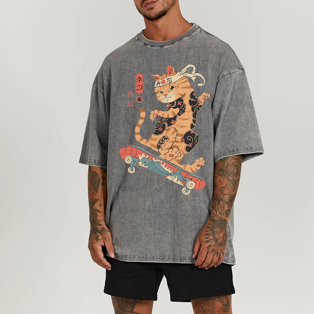 Skate Cat Washed Vintage Short Sleeves T-Shirt