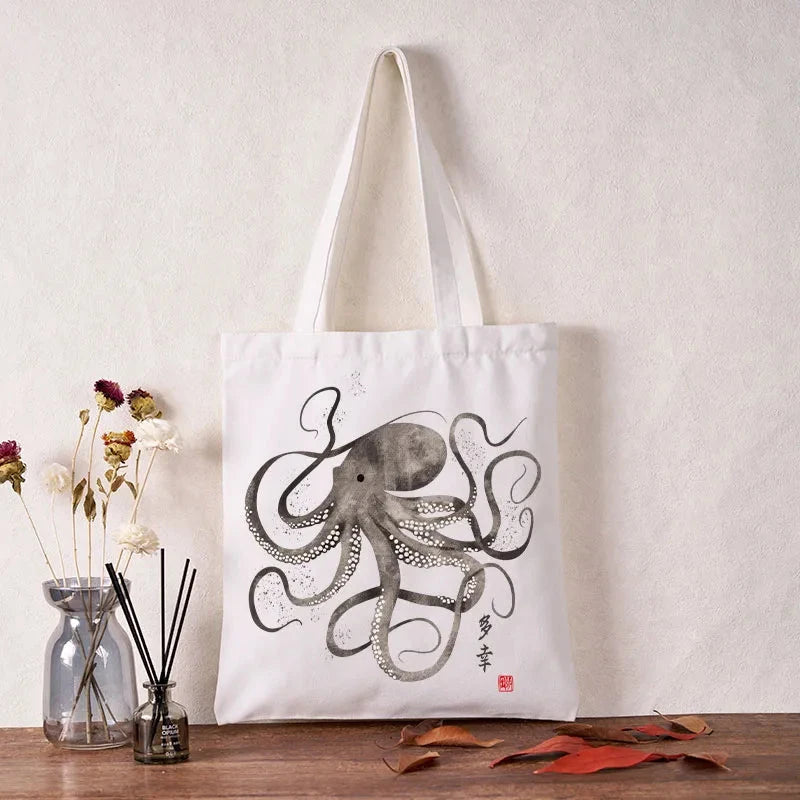 Octopus Japanese Calligraphy Tote Bag