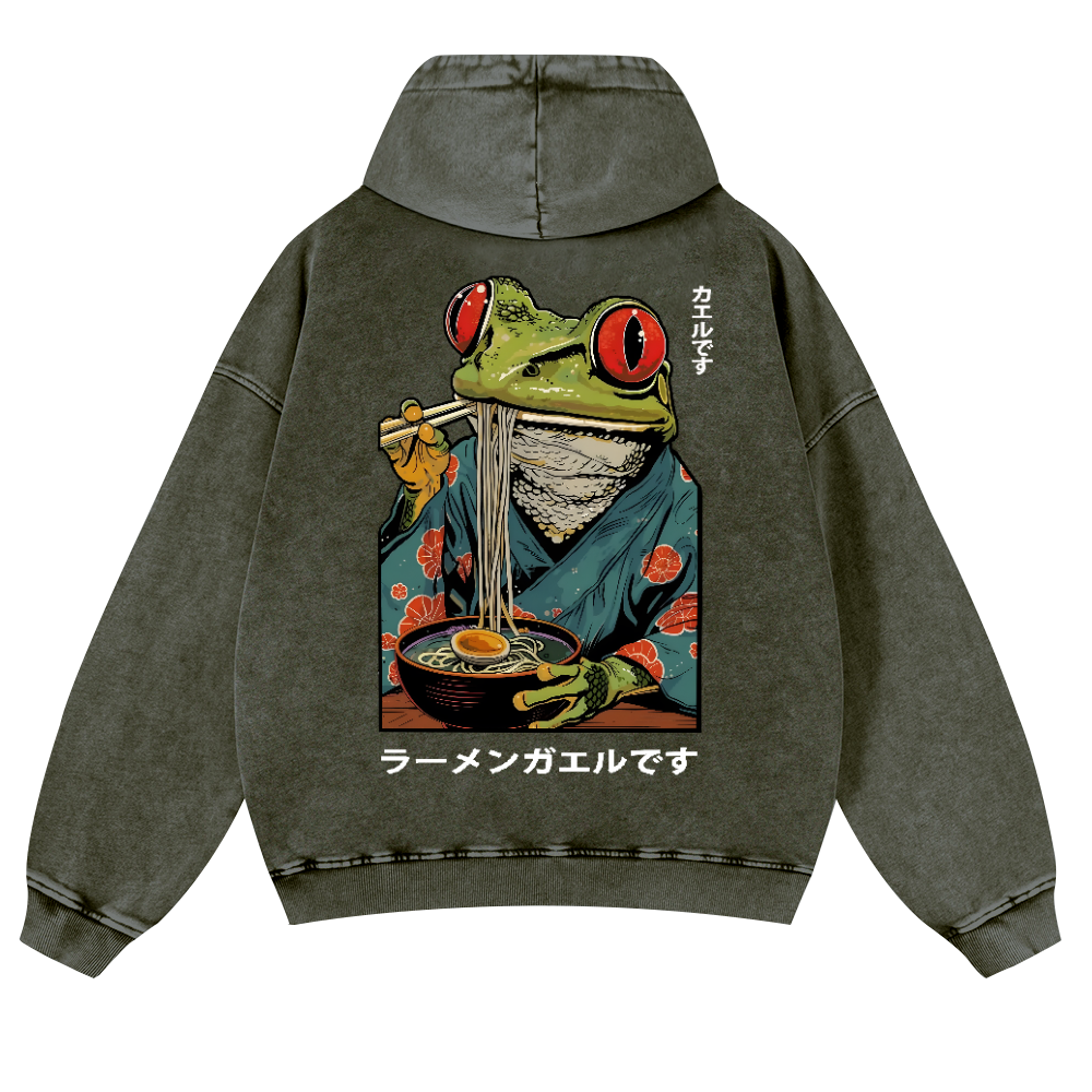 Frog Ramen Vintage Washed Cotton Back Art Hoodie