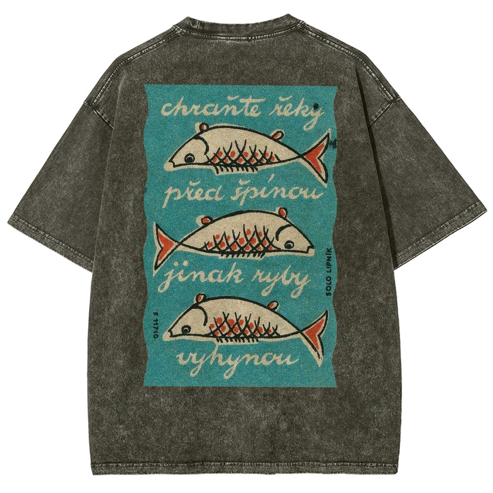 Fishes Pattern Printed Washed Vintage Short Sleeves T-Shirt