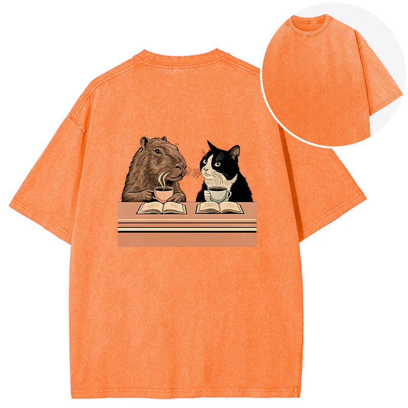 Capybara And Cat Talk Back Washed T-Shirt