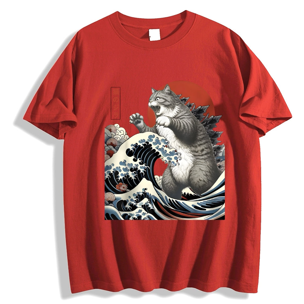 Cat Godzilla Ukiyoe Great Wave Japanese Style Classic Tee