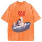 Sad Meow Smoking Cat Washed T-Shirt