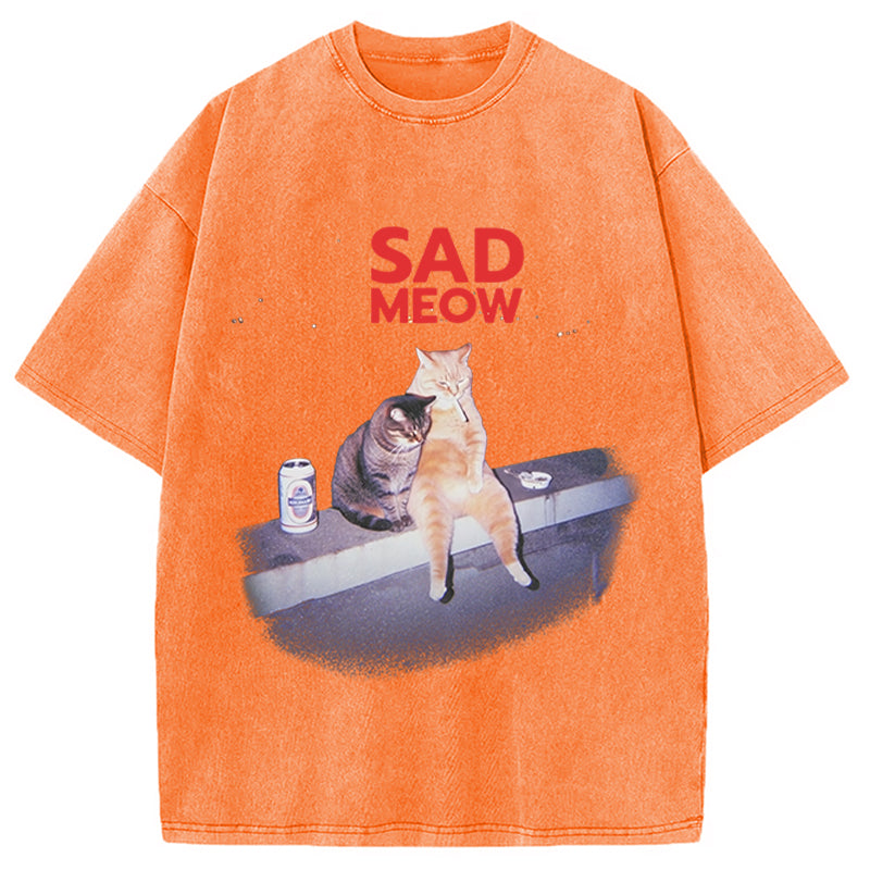 Sad Meow Smoking Cat Washed T-Shirt