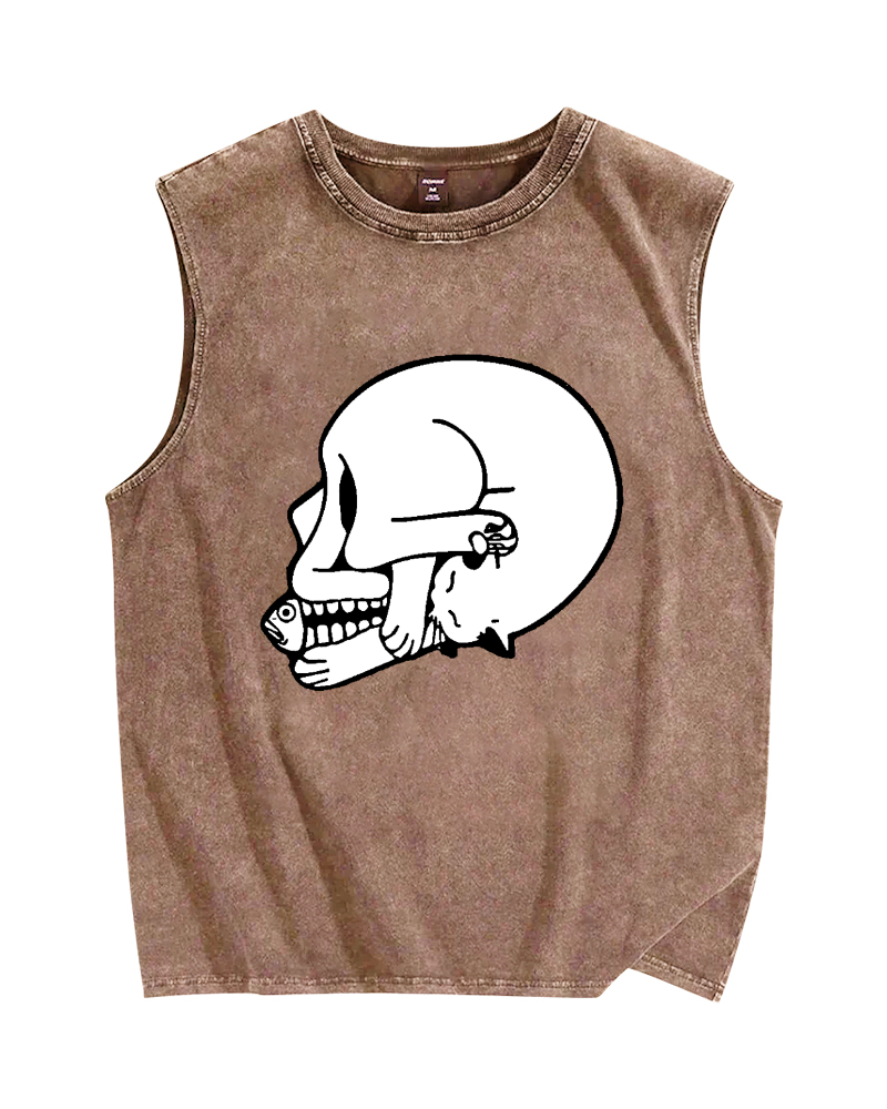 Cat Fish & Skull Vintage Distressed Washed Tank Top