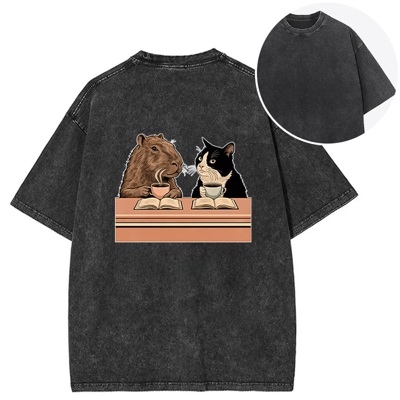 Capybara And Cat Talk Back Washed T-Shirt