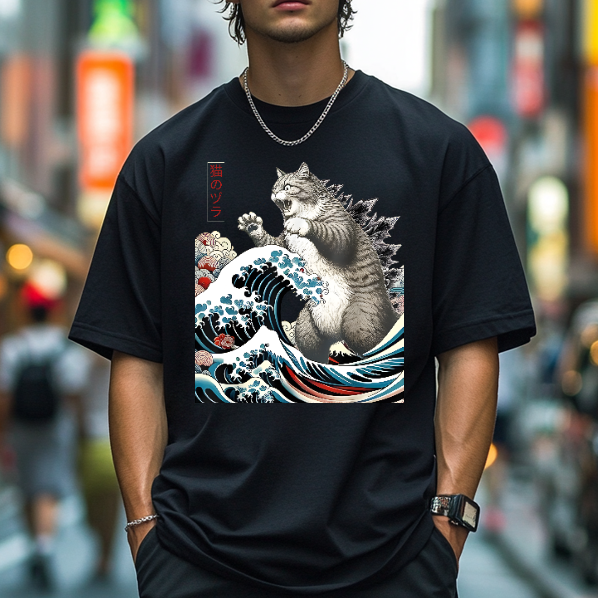 Cat Godzilla Ukiyoe Great Wave Japanese Style Classic Tee